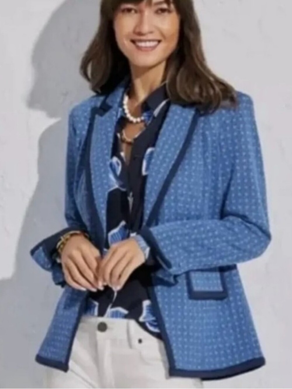 CAbi Blue Scholarship Geometric Single-Button Blazer with Black Trim